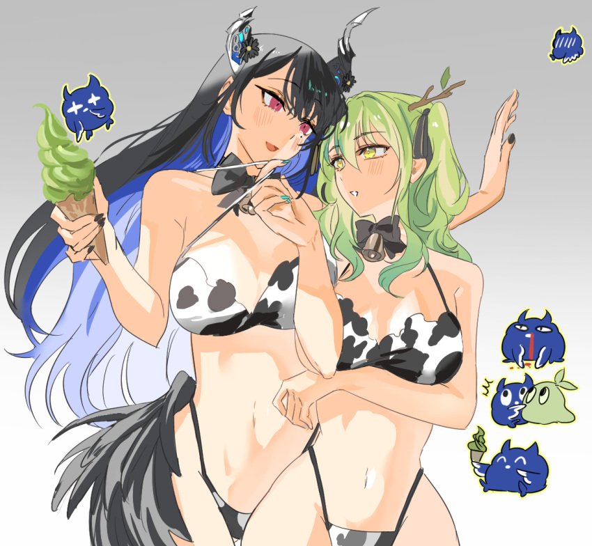 2girls alternate_costume animal_print antlers asymmetrical_horns bare_shoulders bikini black_hair blue_hair breasts ceres_fauna colored_inner_hair cow_print cow_print_bikini demon_horns fauna flower green_hair hair_flower hair_ornament height_difference hololive hololive_english horns jailbird_(nerissa_ravencroft) large_breasts long_hair mole mole_under_eye multicolored_hair multiple_girls nerissa_ravencroft print_bikini red_eyes set7 smile swimsuit two-tone_hair uneven_horns virtual_youtuber wide_hips yellow_eyes