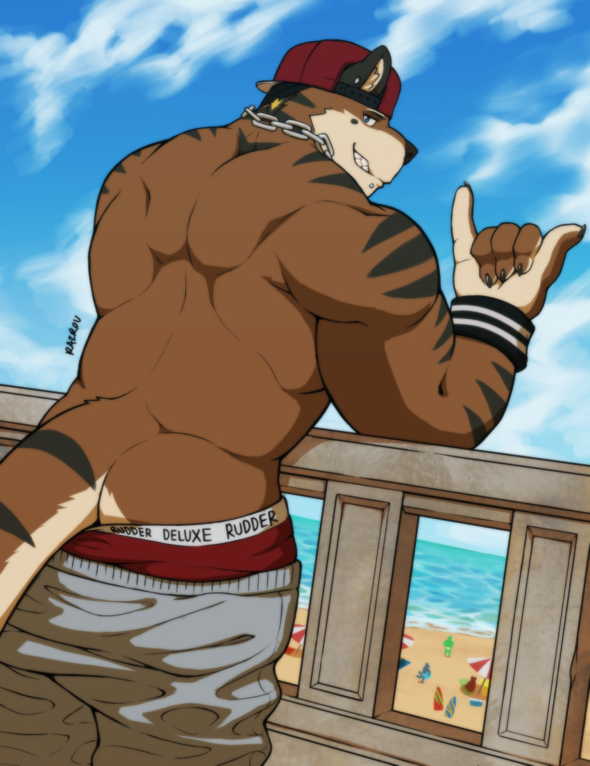 anthro beach chain_necklace clothing hat headgear headwear hi_res jewelry jinougax_(artist) kyo_(kiasano) male mammal mustelid necklace otter sea seaside solo stripes water