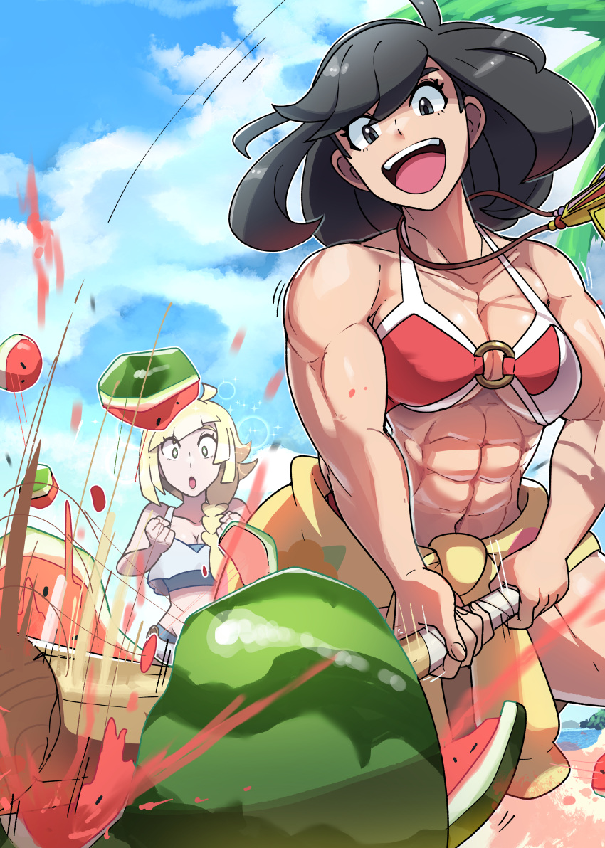 2girls :d :o abs absurdres aged_up beach bikini black_hair breasts cleavage clothes_around_waist day food fruit highres jacket jacket_around_waist jewelry juno_son lillie_(pokemon) medium_breasts multiple_girls muscular muscular_female o-ring o-ring_bikini o-ring_top outdoors pendant pokemon pokemon_(game) pokemon_sm red_bikini selene_(pokemon) smile suikawari swimsuit watermelon white_bikini