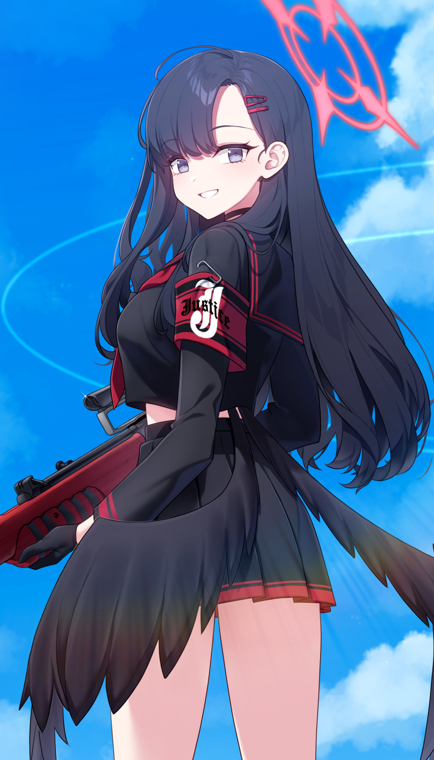 1girl absurdres armband black_choker black_gloves black_hair black_serafuku black_skirt black_wings blue_archive choker feathered_wings gloves grey_eyes grin gun halo highres holding holding_gun holding_weapon ichika_(blue_archive) long_hair long_sleeves looking_at_viewer low_wings narynn pleated_skirt red_halo safety_pin school_uniform serafuku skirt smile solo weapon wings