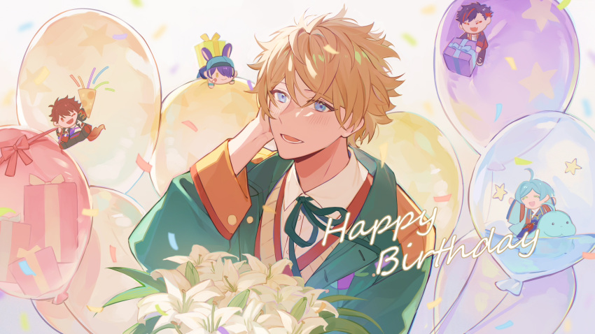 5boys balloon blonde_hair blue_eyes bouquet ensemble_stars! flower happy_birthday highres holding holding_bouquet long_sleeves looking_at_viewer male_focus morisawa_chiaki multiple_boys nagumo_tetora ryuuseitai_(ensemble_stars!) sengoku_shinobu shinkai_kanata short_hair solo_focus takamine_midori xiongmao_tou