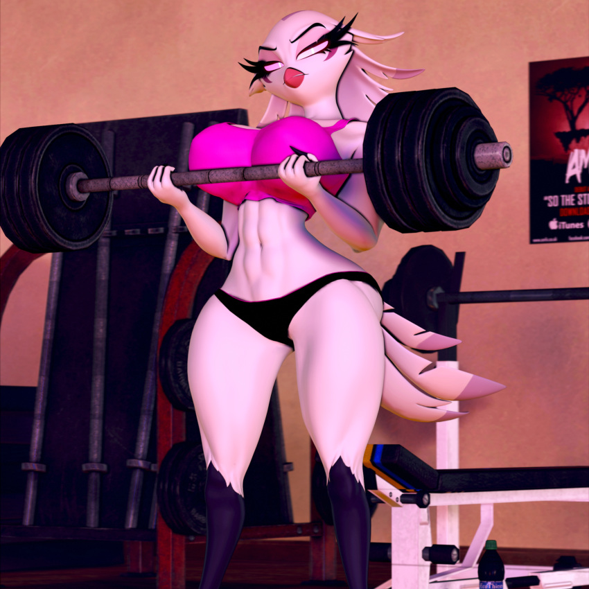1:1 2023 3d_(artwork) 4_fingers abs anatid anseriform anserinae anthro avian barbell beak big_breasts bird bottomwear breasts claws clothed clothing crop_top curvy_figure demon detailed_background digital_media_(artwork) exercise eyelashes feathers female fingers gym hair helluva_boss hi_res hotpants hourglass_figure inside looking_at_viewer mature_anthro mature_female muscular muscular_anthro muscular_female navel pink_sclera shirt shorts skimpy small_waist solo source_filmmaker stella_(helluva_boss) swan tail_feathers themanwithaquest thick_thighs topwear voluptuous weightlifting white_body white_eyes white_feathers white_hair wide_hips workout