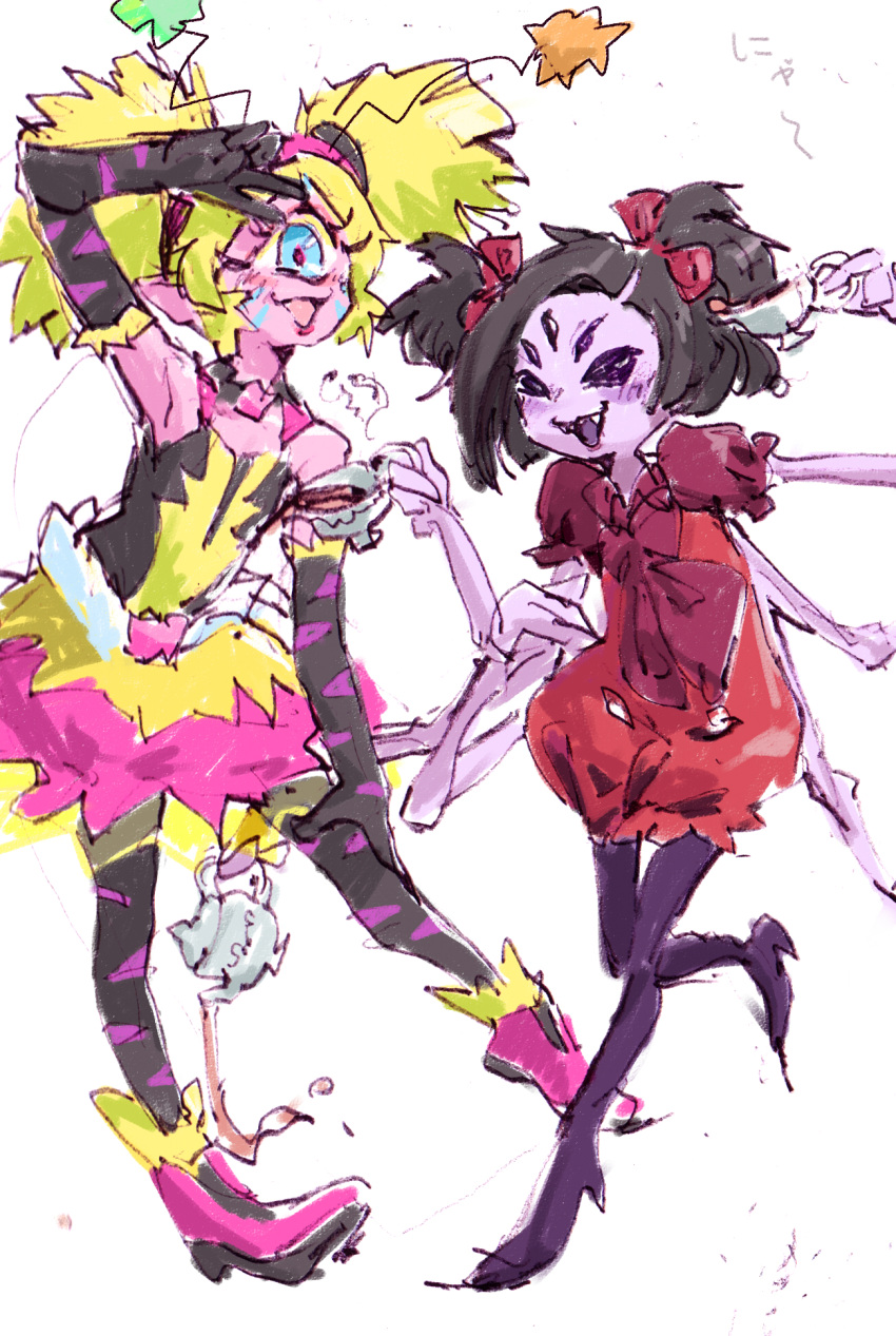 1_eye anthro arachnid arthropod clothed clothing container cup cyclops duo female hi_res humanoid muffet multi_arm multi_eye multi_limb perokisu pretty_cure spider tea_cup undertale undertale_(series)