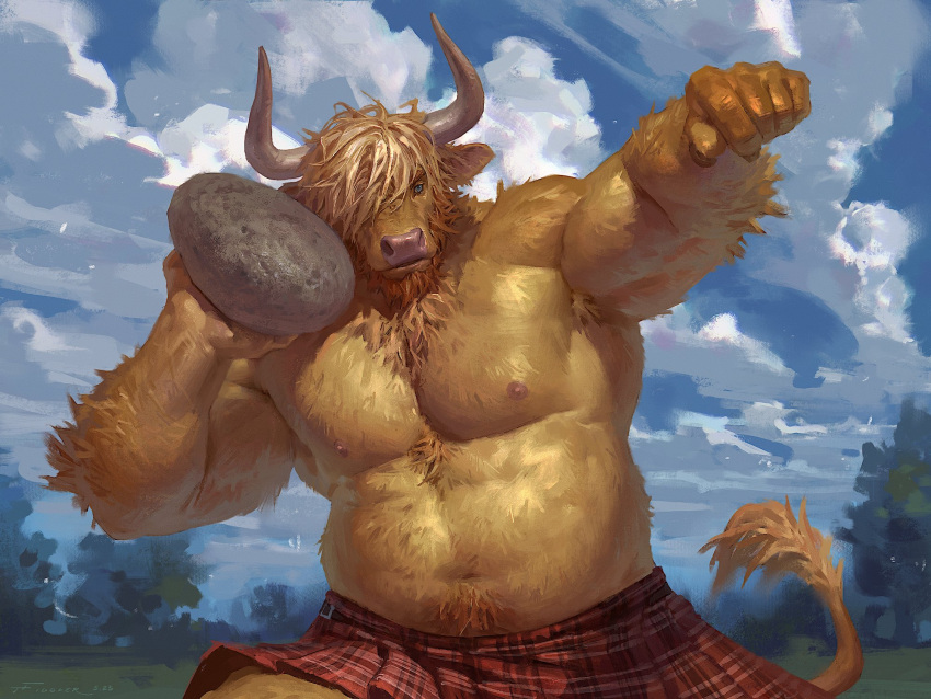 2023 abs anthro arm_hair armpit_hair barechested belly belly_hair biceps big_belly blue_eyes body_hair bovid bovine cattle chest_hair chest_tuft clothed clothing cloudscape deltoids forearm_hair forearms hair hair_over_eye hi_res highland_cattle holding_rock horn kilt male mammal manly musclegut muscular navel nipples obliques one_eye_obstructed outside pecs plant raised_arms rock shirtless shirtless_male shoulder_tuft sky slightly_chubby solo standing taran_fiddler topless topless_male track_and_field tree triceps tuft