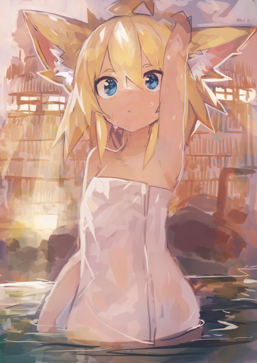 1girl :&lt; absurdres ahoge animal_ears arm_up blonde_hair blue_eyes building flat_chest fox_ears fox_girl hair_between_eyes highres kaamin_(mariarose753) naked_towel onsen original outdoors short_hair solo towel wet