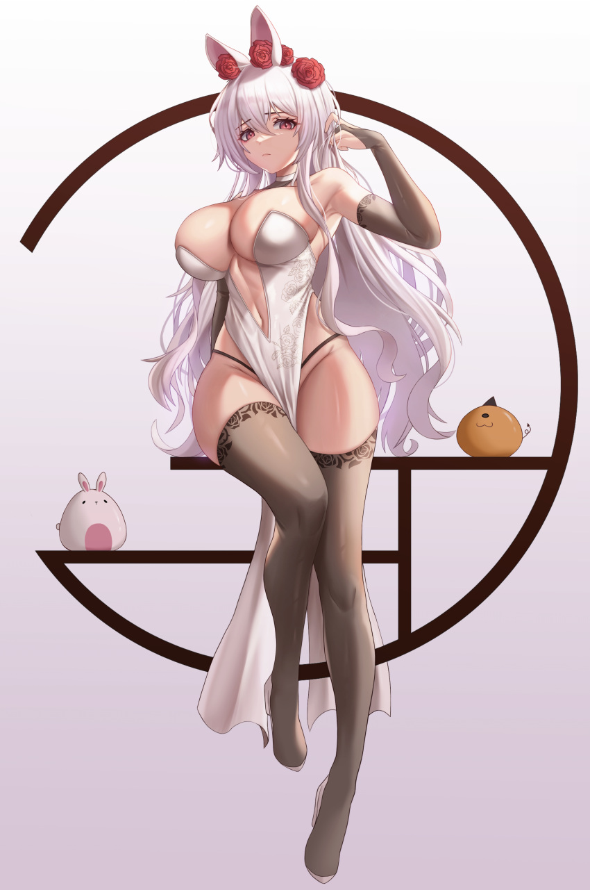 1girl absurdres animal_ears arm_up armpits bare_shoulders black_thighhighs breasts bridal_gauntlets center_opening choker cleavage commission dress epko flower hair_flower hair_ornament highres large_breasts long_hair looking_at_viewer navel no_bra original panties panty_straps pelvic_curtain rabbit_ears red_eyes rose sleeveless sleeveless_dress solo string_panties thighhighs thighs underwear very_long_hair white_choker white_dress white_hair