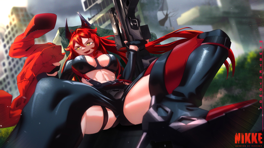 1girl absurdres ahoge artist_name black_footwear black_gloves black_jacket black_pants boots breasts building cleavage commentary cropped_jacket crotch_plate fang fingerless_gloves gloves goddess_of_victory:_nikke gun hair_between_eyes highres hip_vent holding holding_clothes holding_gun holding_jacket holding_weapon horns jacket large_breasts leather leather_jacket leather_pants logo long_hair long_sleeves mawster_yowda mechanical_horns midriff navel open_mouth outdoors pants red_hair red_hood_(nikke) red_scarf rifle scarf sidelocks sitting skindentation skyscraper smile sniper_rifle solo suspenders taking_cover unworn_jacket unzipped weapon yellow_eyes