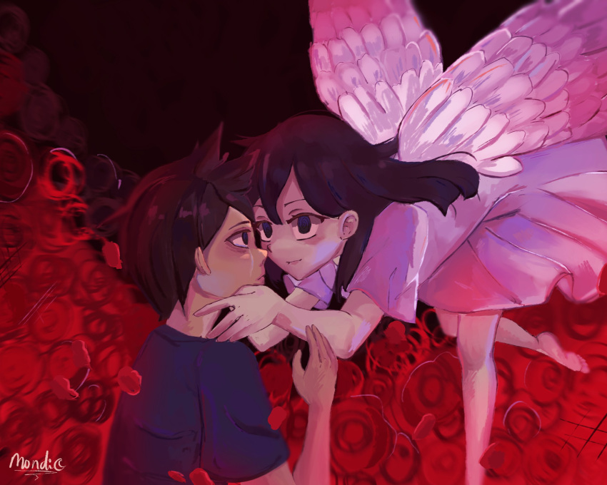 angel_wings black_hair couple crying crying_with_eyes_open flower hero_(omori) highres mari_(omori) mondstein_chan omori red_flower red_rose rose self-upload tears wings