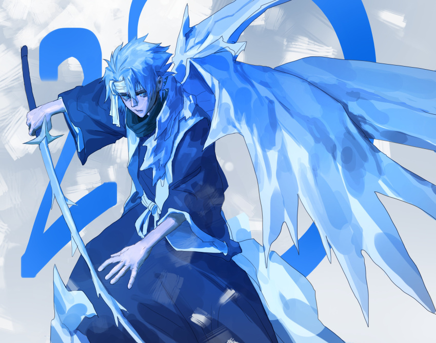 1boy absurdres black_hakama bleach bleach:_sennen_kessen-hen blue_eyes crystal_sword feet_out_of_frame fighting_stance hair_between_eyes hakama haori headband hieumay highres hitsugaya_toushirou holding holding_sword holding_weapon ice ice_wings japanese_clothes limited_palette long_sleeves looking_at_viewer male_focus obi parted_lips sash scarf shihakusho shinigami simple_background sword taichou_haori weapon white_hair wide_sleeves wings