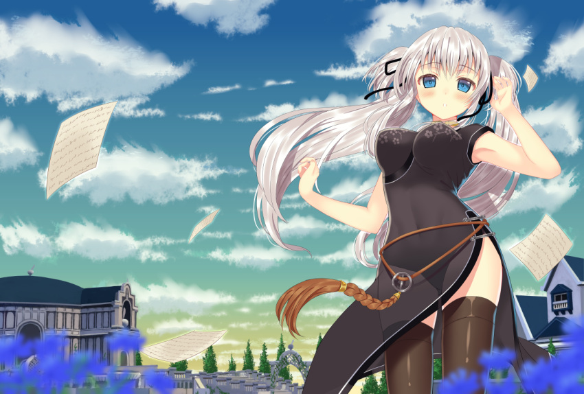 1girl aqua_sky black_ribbon blue_eyes blue_flower blue_pupils blue_sky blurry blurry_foreground blush breasts brown_thighhighs building china_dress chinese_clothes clip_studio_paint_(medium) cloud covered_navel dress floating_hair floral_print floral_print_dress flower gradient_sky grey_dress grey_hair hair_between_eyes hair_ribbon jewelry legs_apart long_hair mabinogi medium_breasts nao_(mabinogi) neck_ring parted_lips print_dress ribbon see-through side_slit sky solo standing thighhighs toujou_mina twintails yellow_sky