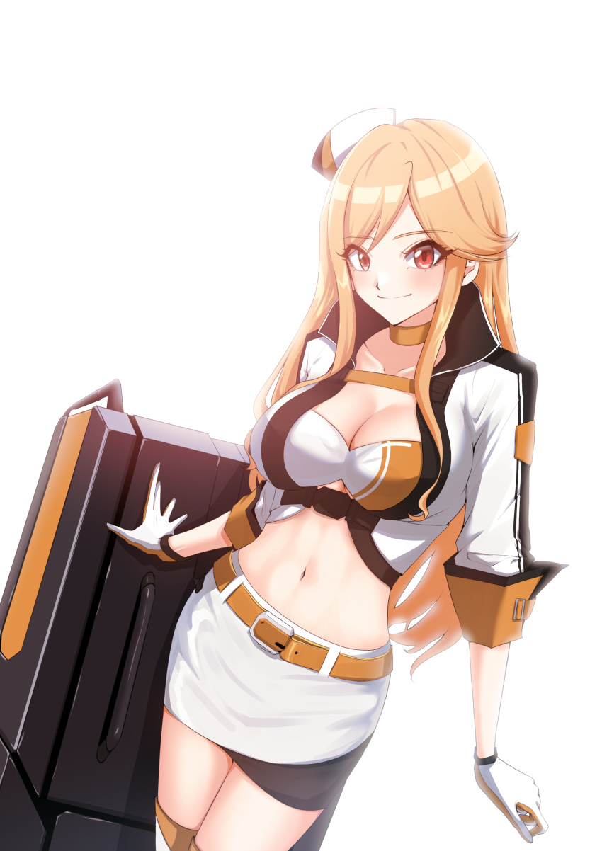 1girl 4sm98 absurdres black_skirt blonde_hair blush boots breasts choker cleavage closed_mouth commentary commission crop_top cropped_jacket girls'_frontline gloves hat highres jacket large_breasts long_hair m2hb_(cheers_on_the_blazing_tarmac)_(girls'_frontline) m2hb_(girls'_frontline) midriff mini_hat miniskirt multicolored_clothes multicolored_gloves multicolored_skirt navel official_alternate_costume orange_choker orange_footwear orange_gloves pixiv_commission race_queen red_eyes revision short_sleeves sidelocks simple_background skirt smile solo thigh_boots tilted_headwear two-sided_gloves two-tone_footwear two-tone_gloves two-tone_skirt weapon_case white_background white_footwear white_gloves white_jacket white_skirt