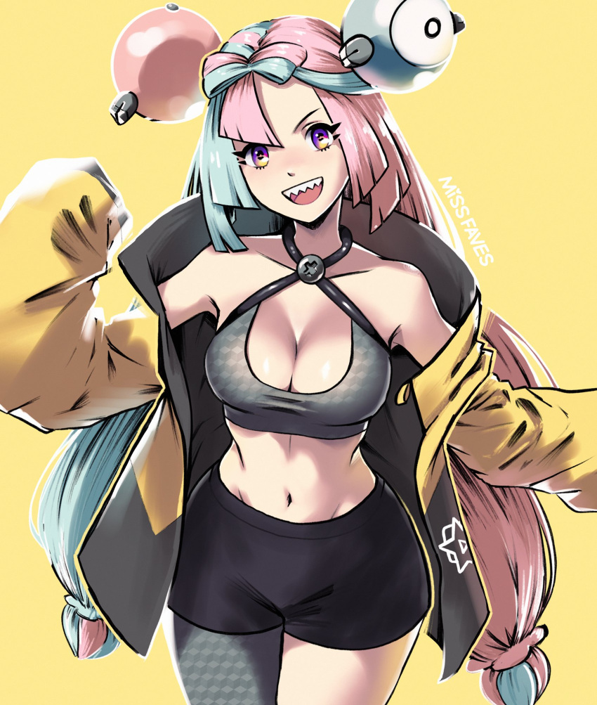 1girl :d black_shorts blue_hair bow-shaped_hair breasts character_hair_ornament cleavage criss-cross_halter cropped_shirt english_commentary grey_pantyhose grey_shirt hair_ornament halterneck hexagon_print highres iono_(pokemon) jacket long_hair low-tied_long_hair low_twintails medium_breasts midriff missfaves multicolored_hair navel open_clothes open_jacket open_mouth oversized_clothes pantyhose pink_eyes pink_hair pokemon pokemon_(game) pokemon_sv sharp_teeth shirt short_shorts shorts single_leg_pantyhose sleeveless sleeveless_shirt sleeves_past_fingers sleeves_past_wrists smile solo teeth twintails two-tone_hair very_long_hair yellow_background yellow_jacket