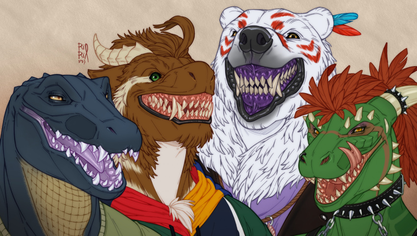 2023 anthro apolar_(apolar) bear black_collar blue_body brown_body brown_fur clothed clothing collar dated detailed dragon ellie_(lorzid) fangs forked_tongue front_view fur furred_dragon galilleo green_body green_clothing green_eyes green_topwear grin group hi_res horn licking licking_lips licking_own_lips looking_at_viewer male mammal narrowed_eyes orange_eyes polar_bear purple_tongue red_tongue riorix scales scalie sharp_teeth simple_background smile spikes tan_body tan_fur tan_horn teeth toc tongue tongue_out topwear ursine white_body white_fur yellow_body yellow_scales