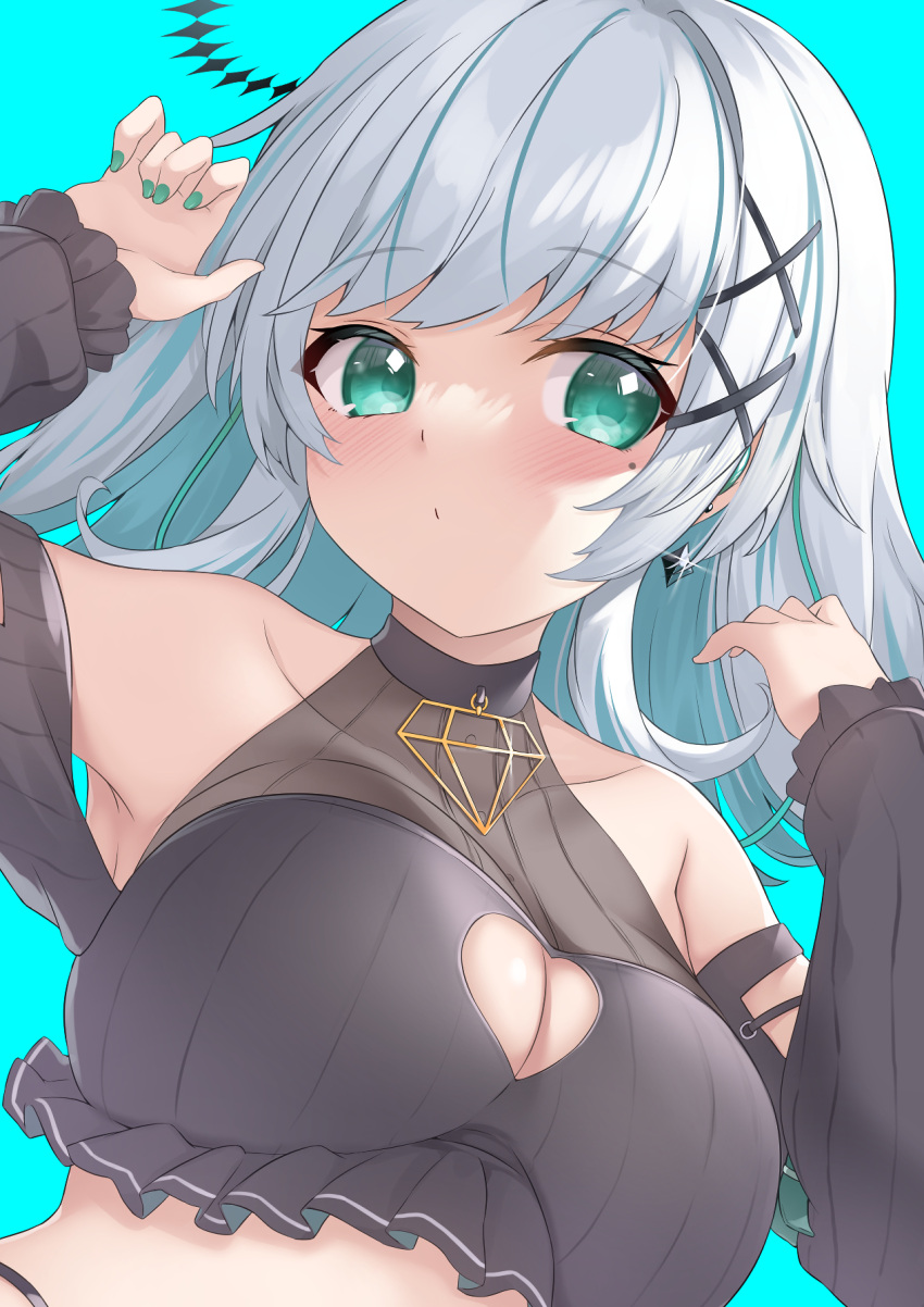 1girl aqua_eyes bare_shoulders blue_background blush breasts cleavage cleavage_cutout clothing_cutout commentary diamond_earrings earrings enatsu grey_hair hair_ornament halter_shirt halterneck highres indie_virtual_youtuber jewelry kohane_puchi large_breasts long_hair looking_at_viewer mole mole_under_eye see-through_cleavage skin_tight solo upper_body virtual_youtuber w_arms x_hair_ornament