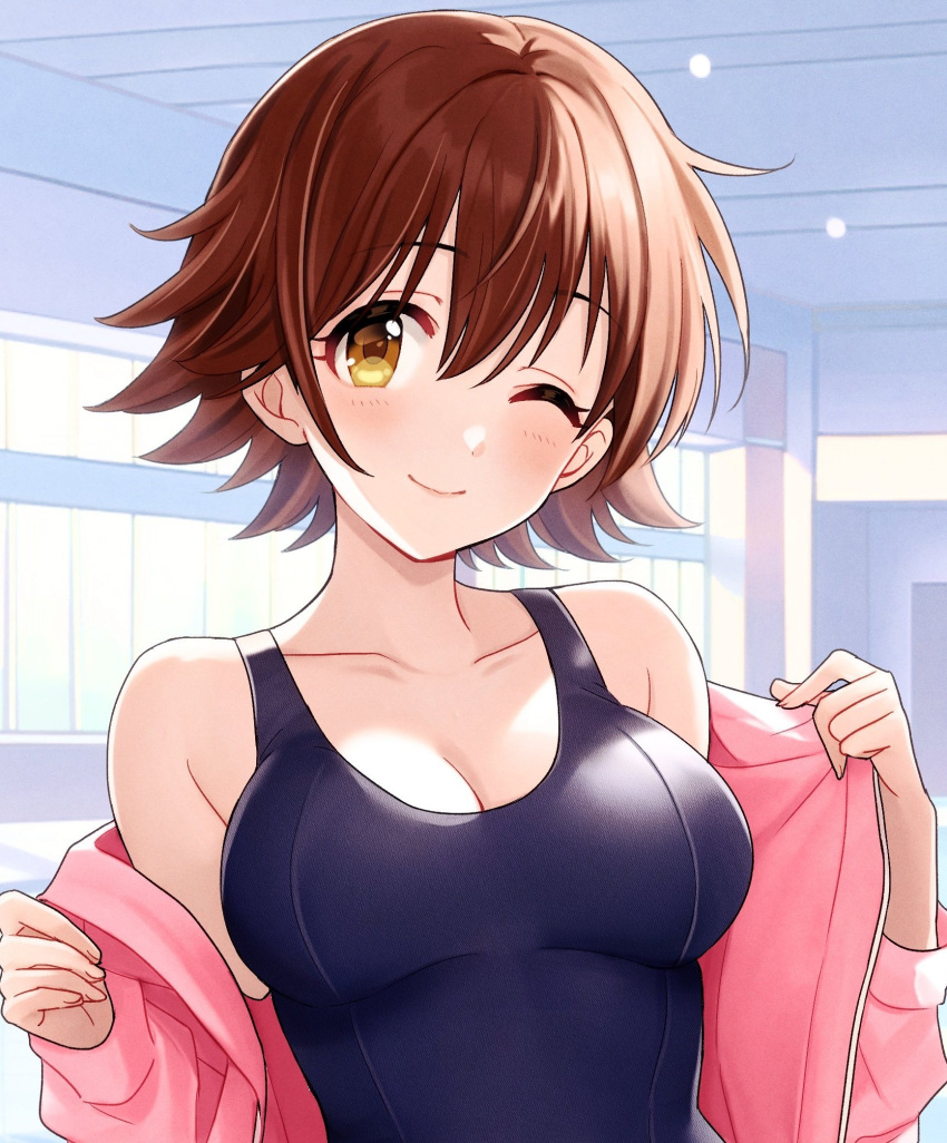 1girl blue_one-piece_swimsuit blush breasts brown_hair cleavage commentary_request competition_swimsuit cropped highres honda_mio idolmaster idolmaster_cinderella_girls indoors jacket looking_at_viewer medium_breasts one-piece_swimsuit one_eye_closed open_clothes open_jacket pink_jacket popon_ta short_hair smile solo swimsuit yellow_eyes