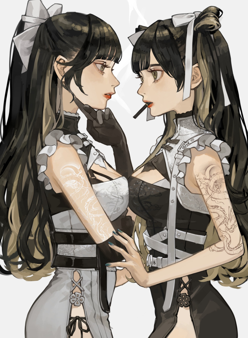 2girls absurdres arm_tattoo black_dress black_gloves black_hair black_panties blue_nails bow breast_press breasts brown_eyes dragon_tattoo dress elbow_gloves face-to-face frilled_dress frills gloves grey_background hair_bow hair_ribbon hand_on_another's_arm hand_on_own_chin highres light_brown_hair lipstick long_hair looking_at_another makeup matching_outfit medium_breasts multicolored_hair multiple_girls nail_polish original panties panty_peek print_dress reverse_palettes ribbon sakauchi_waka side-tie_panties side_slit simple_background sleeveless sleeveless_dress smoking symmetrical_docking tattoo two-tone_hair underwear white_bow white_dress white_ribbon