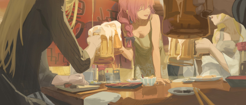1other 3girls alcohol beer_mug black_bow black_nails black_sweater bocchi_the_rock! bow character_request chopsticks closed_eyes commentary_request cup dress fingernails floral_print foam from_side green_dress grey_shirt hair_bow highres hiroi_kikuri indoors last853 leaning_forward long_hair long_sleeves looking_at_another looking_to_the_side mug multiple_girls open_mouth purple_hair shirt single_bare_shoulder sleeveless sleeveless_dress sleeveless_shirt smile soy_sauce sweater table