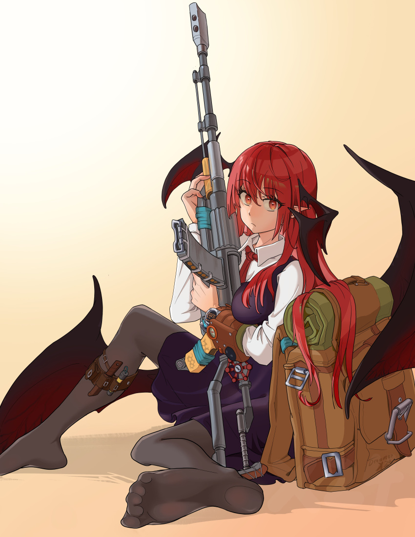 1girl :/ absurdres backpack bag bat_wings bedroll between_breasts black_pantyhose breasts buckle collared_shirt commentary_request dot_nose dreamerx24 dress dress_shirt eyelashes eyes_visible_through_hair full_body gun hair_between_eyes head_wings highres holding holding_gun holding_weapon koakuma large_wings leg_holster long_hair looking_at_viewer low_wings medium_breasts muzzle_device necktie no_shoes pantyhose pinafore_dress purple_dress red_eyes red_hair red_necktie red_wings rifle shadow shirt sidelocks simple_background sitting sleeveless sleeveless_dress solo touhou very_long_hair watch weapon white_shirt wings wristwatch yellow_background
