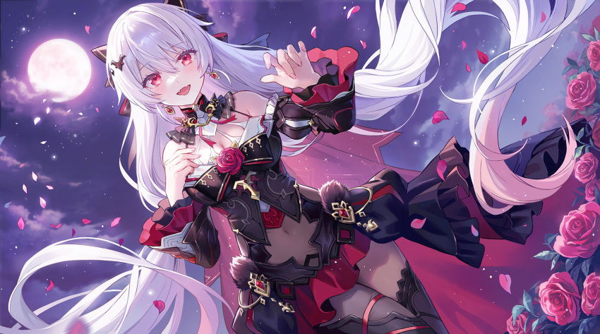 1girl bare_shoulders black_dress black_thighhighs breasts brown_pantyhose center_opening cleavage closed_mouth covered_navel cowboy_shot detached_collar detached_sleeves dress dutch_angle fangs floating_hair flower full_moon gradient_hair hair_ornament hairclip highres honkai_(series) honkai_impact_3rd juliet_sleeves large_breasts lino_chang long_hair long_sleeves looking_at_viewer luna_(honkai_impact) miniskirt moon multicolored_hair open_mouth pantyhose petals puffy_sleeves red_eyes red_flower red_skirt rose skirt sleeveless sleeveless_dress smile solo spaghetti_strap standing theresa_apocalypse_(lunar_vow:_crimson_love) thighhighs very_long_hair white_hair