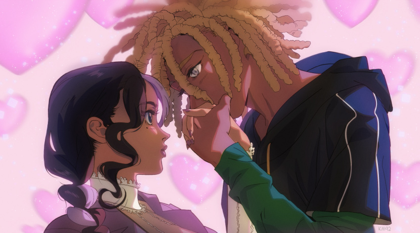 1boy 1girl black_hair blonde_hair blue_eyes borrowed_character commentary commission dark-skinned_female dark-skinned_male dark_skin dreadlocks english_commentary grey_eyes heart heart_background height_difference hetero highres kiss kissing_hand km92 multicolored_hair original pink_hair two-tone_hair