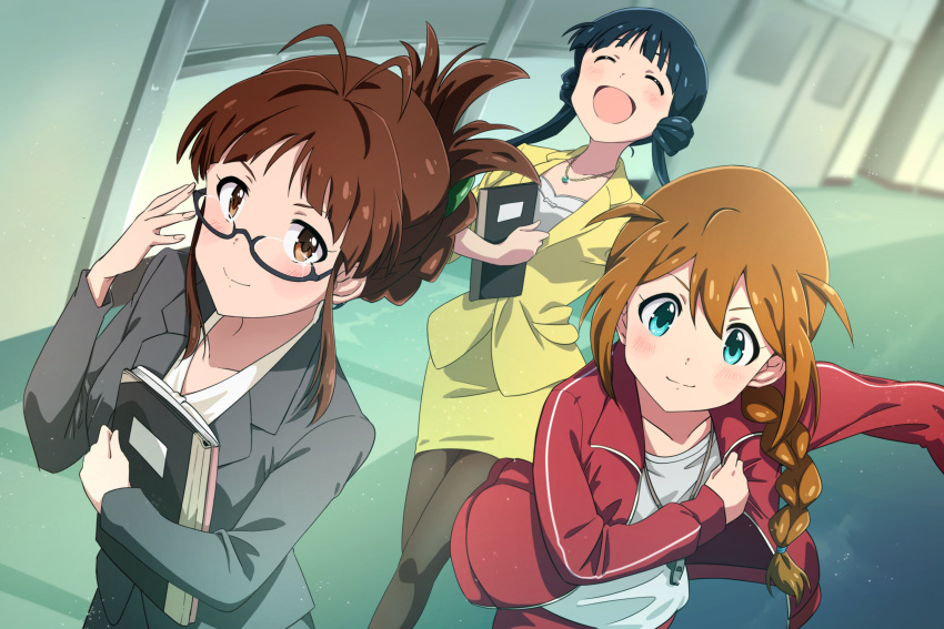 3girls absurdres adjusting_eyewear akizuki_ritsuko antenna_hair aqua_eyes baba_konomi black-framed_eyewear black_pantyhose blue_hair blurry blush braid breasts brown_eyes brown_hair closed_eyes closed_mouth clothes_pull collarbone depth_of_field dot_nose folded_ponytail grey_jacket hair_over_shoulder hair_tie hands_up highres holding holding_notebook idolmaster idolmaster_(classic) idolmaster_million_live! idolmaster_million_live!_theater_days indoors jacket jewelry kitakami_reika large_breasts long_hair long_sleeves looking_at_viewer low_twintails medium_breasts multiple_girls necklace notebook open_clothes open_jacket open_mouth pants pantyhose pencil_skirt red_jacket red_pants school semi-rimless_eyewear shirt single_braid skirt small_breasts smile track_jacket twintails under-rim_eyewear v-shaped_eyebrows very_long_hair wanoji whistle whistle_around_neck white_shirt yellow_jacket yellow_skirt