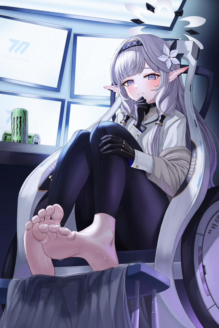 1girl absurdres barefoot black_gloves blue_archive blue_hairband blush can commentary earclip energy_drink feet flower furrowed_brow gloves grey_hair hair_flower hair_ornament hair_tubes hairband halo hand_on_own_chin highres himari_(blue_archive) indoors jacket knees_up long_hair long_sleeves looking_at_viewer mole mole_under_eye monitor multiple_monitors nyanbutter pants pointy_ears purple_eyes sitting soles solo striped striped_hairband stroking_own_chin sweatdrop tight_clothes tight_pants toenails toes wheelchair white_flower white_jacket