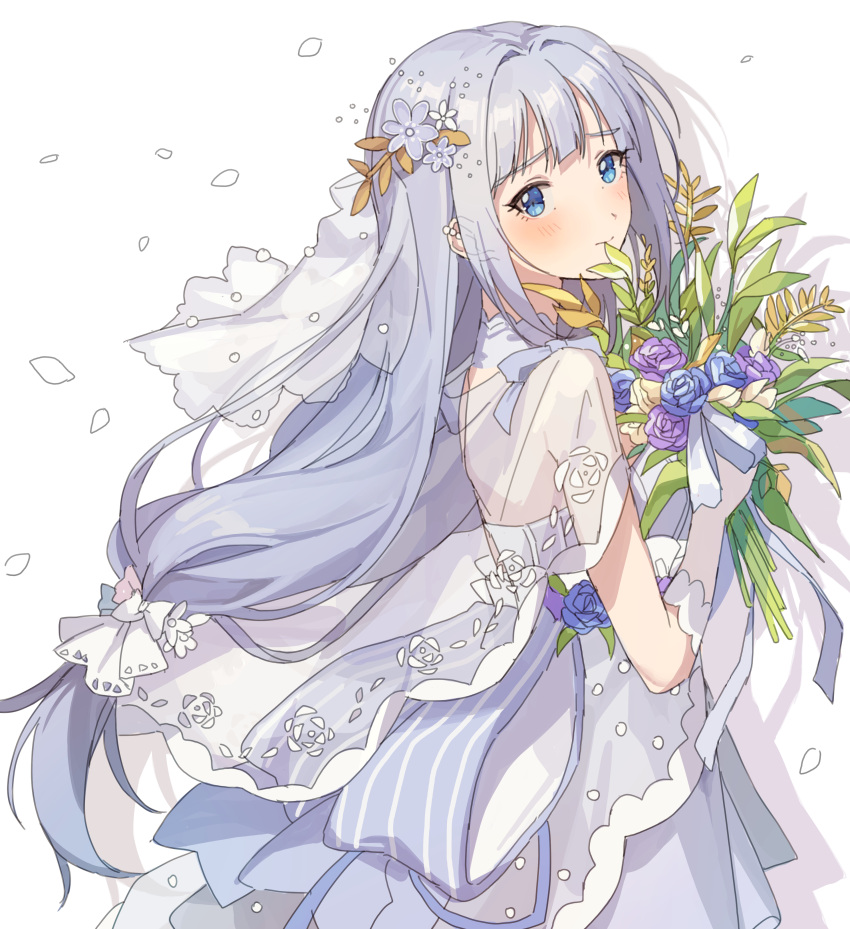 1girl absurdres back blue_bow blue_collar blue_dress blue_eyes blue_flower blue_hair blush bouquet bow breasts closed_mouth collar detached_collar dress dress_bow elbow_gloves falling_petals flower from_behind gloves hair_bow hair_flower hair_ornament hair_ribbon hand_up hano9789 highres holding holding_bouquet idolmaster idolmaster_million_live! idolmaster_million_live!_theater_days leaf light_blue_hair long_hair looking_at_viewer looking_back low-tied_long_hair medium_breasts petals purple_flower ribbon see-through_cape see-through_gloves shadow shiraishi_tsumugi shy simple_background sleeveless sleeveless_dress solo very_long_hair white_background white_flower white_ribbon white_veil yellow_flower