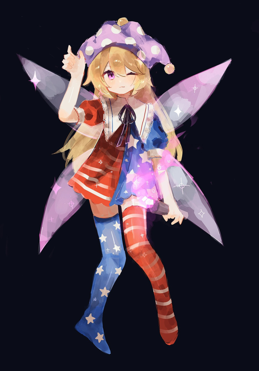 1girl adapted_costume american_flag_dress american_flag_legwear blonde_hair blush chicachang closed_mouth clownpiece dress fairy fairy_wings full_body hair_between_eyes hat highres holding holding_torch jester_cap long_hair one_eye_closed pink_eyes polka_dot polka_dot_headwear purple_headwear short_sleeves solo sparkle star_(symbol) star_print striped striped_dress striped_thighhighs thighhighs torch touhou wings
