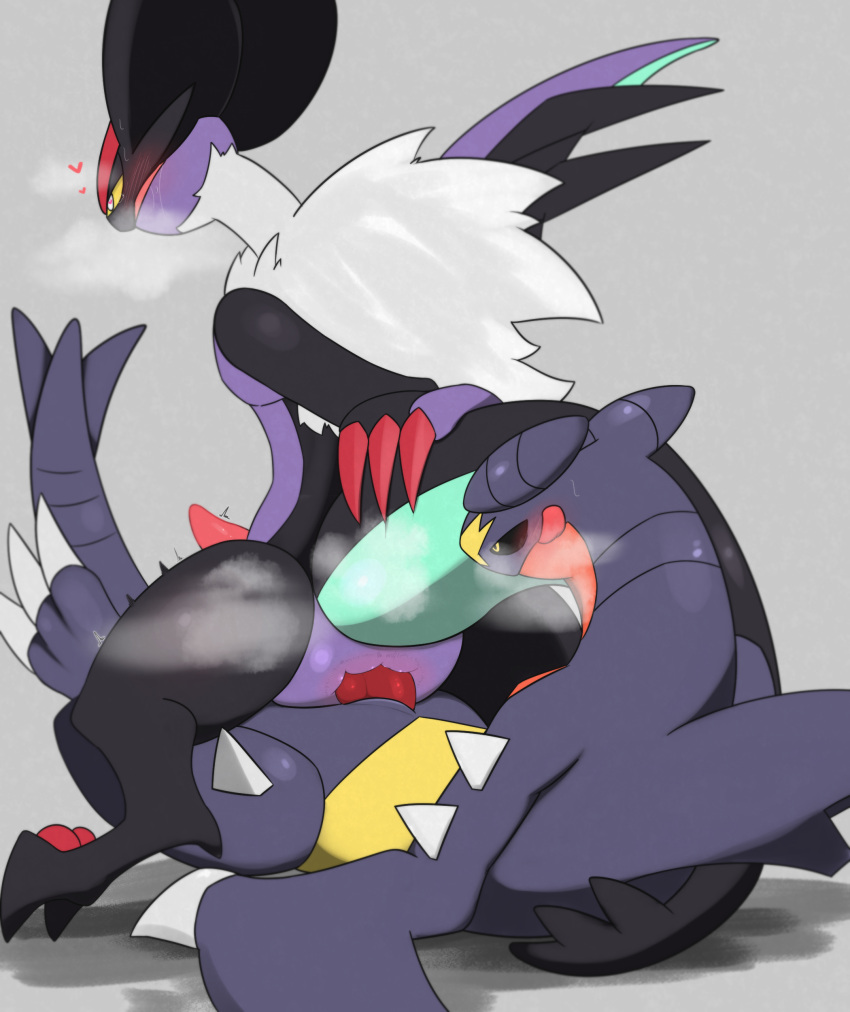 &lt;3 &lt;3_eyes 2_toes 3_fingers 3_toes absurd_res amedama12321 anal anal_penetration anthro anthro_on_anthro black_body blush breath_cloud claws countershading duo feet fin fingers fur garchomp generation_4_pokemon generation_6_pokemon genitals grey_background grey_body hi_res looking_pleasured lying male male/male male_on_bottom male_on_top male_penetrated male_penetrating male_penetrating_male nintendo noivern on_back on_bottom on_top open_mouth penetration penis pokemon pokemon_(species) purple_body purple_countershading red_claws red_penis reverse_cowgirl_position sex simple_background spikes spikes_(anatomy) tail tail_fin tapering_penis toes tongue tongue_out white_body white_claws white_fur