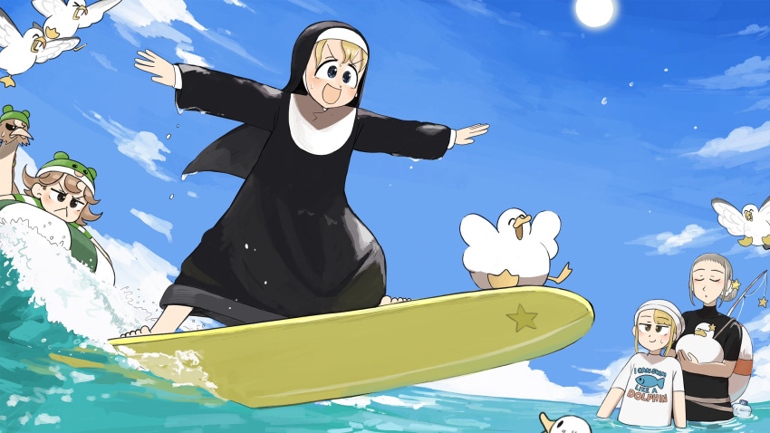 4girls :&lt; :d barefoot bird black_shirt blonde_hair blue_eyes brown_eyes brown_hair catholic chicken closed_eyes clumsy_nun_(diva) diva_(hyxpk) duck english_commentary fishing_rod froggy_nun_(diva) grey_hair habit hair_ornament highres little_nuns_(diva) multiple_girls nun ocean ostrich outstretched_arms partially_submerged seagull shirt sky smile spicy_nun_(diva) star_(symbol) star_hair_ornament star_nun_(diva) sun surfboard surfing traditional_nun white_shirt yellow_eyes