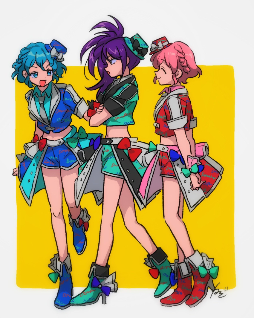 1boy 2girls :d arms_behind_back blue_eyes blue_footwear blue_hair blue_headwear blue_shorts boots bow braid brother_and_sister commentary_request cropped_jacket crossdressing crossed_arms curly_hair dorothy_west facing_another full_body grey_necktie hat high_heel_boots high_heels highres idol_clothes jacket leona_west long_hair looking_at_another midriff mini_hat mole mole_under_eye multiple_girls necktie open_mouth otoko_no_ko pink_hair pretty_(series) pripara profile purple_hair red_bow red_footwear red_headwear red_jacket red_shorts rituyama1 shoes short_hair short_sleeves shorts siblings side_braid side_ponytail smile toudou_shion twins walking yellow_eyes