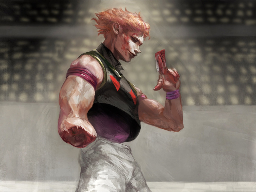 1boy amputee arena blood blood_on_face blood_on_hands blood_on_weapon card evil_smile feet_out_of_frame from_side guro hair_slicked_back half-closed_eyes highres hisoka_morow holding holding_card hunter_x_hunter male_focus muscular muscular_male red_hair shirt short_hair sleeveless sleeveless_shirt smile solo weapon zrno