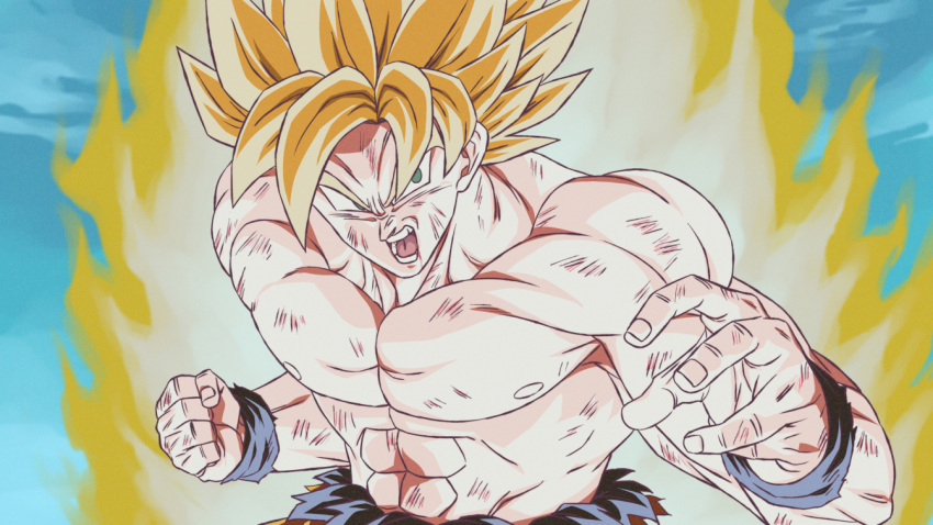 1boy aura battle_damage blonde_hair dragon_ball dragon_ball_z green_eyes male_focus muscular muscular_male open_mouth rom_(20) solo son_goku spiked_hair super_saiyan super_saiyan_1 topless_male wristband