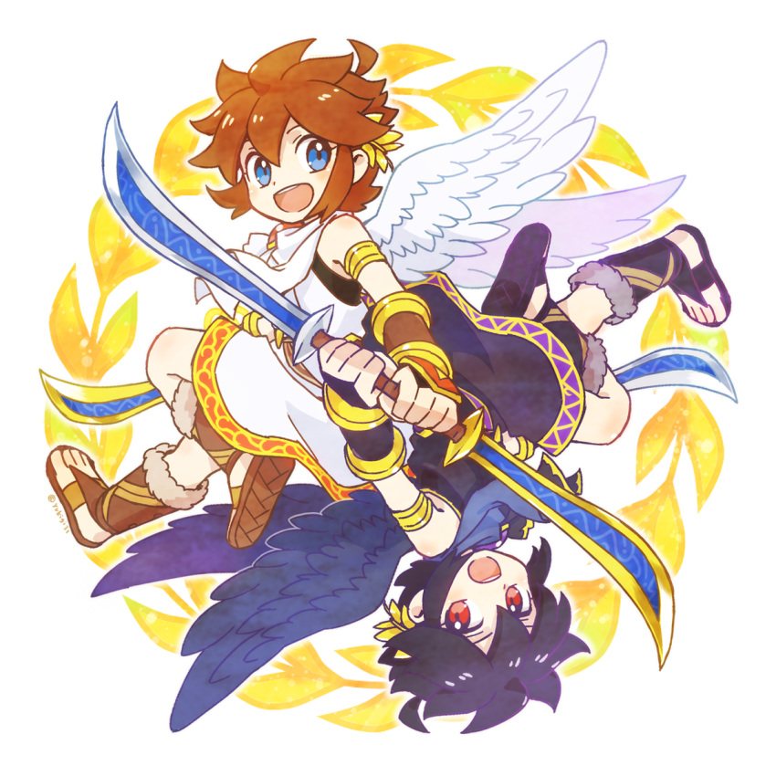 2boys ahoge angel angel_wings armlet black_hair blue_eyes brown_hair dark_pit dual_wielding highres holding holding_weapon kid_icarus kid_icarus_uprising laurel_crown multiple_boys open_mouth pit_(kid_icarus) red_eyes rotational_symmetry scarf siblings twins vambraces weapon white_background wings yukigi