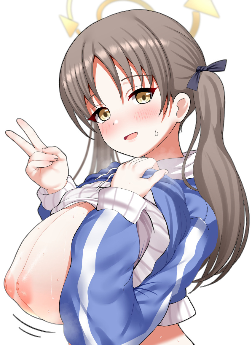 1girl absurdres blue_archive blue_hoodie blush bouncing_breasts breasts breasts_out breath brown_eyes brown_hair clothes_lift commentary_request hair_between_eyes hair_ribbon halo heavy_breathing highres hood hoodie hoodie_lift huge_breasts inverted_nipples jacket lifted_by_self long_sleeves looking_at_viewer moe_(blue_archive) moe_(swimsuit)_(blue_archive) nipples official_alternate_costume open_mouth partial_commentary ribbon sakamatashachi simple_background smile solo sweat sweatdrop twintails upper_body v white_background yellow_halo