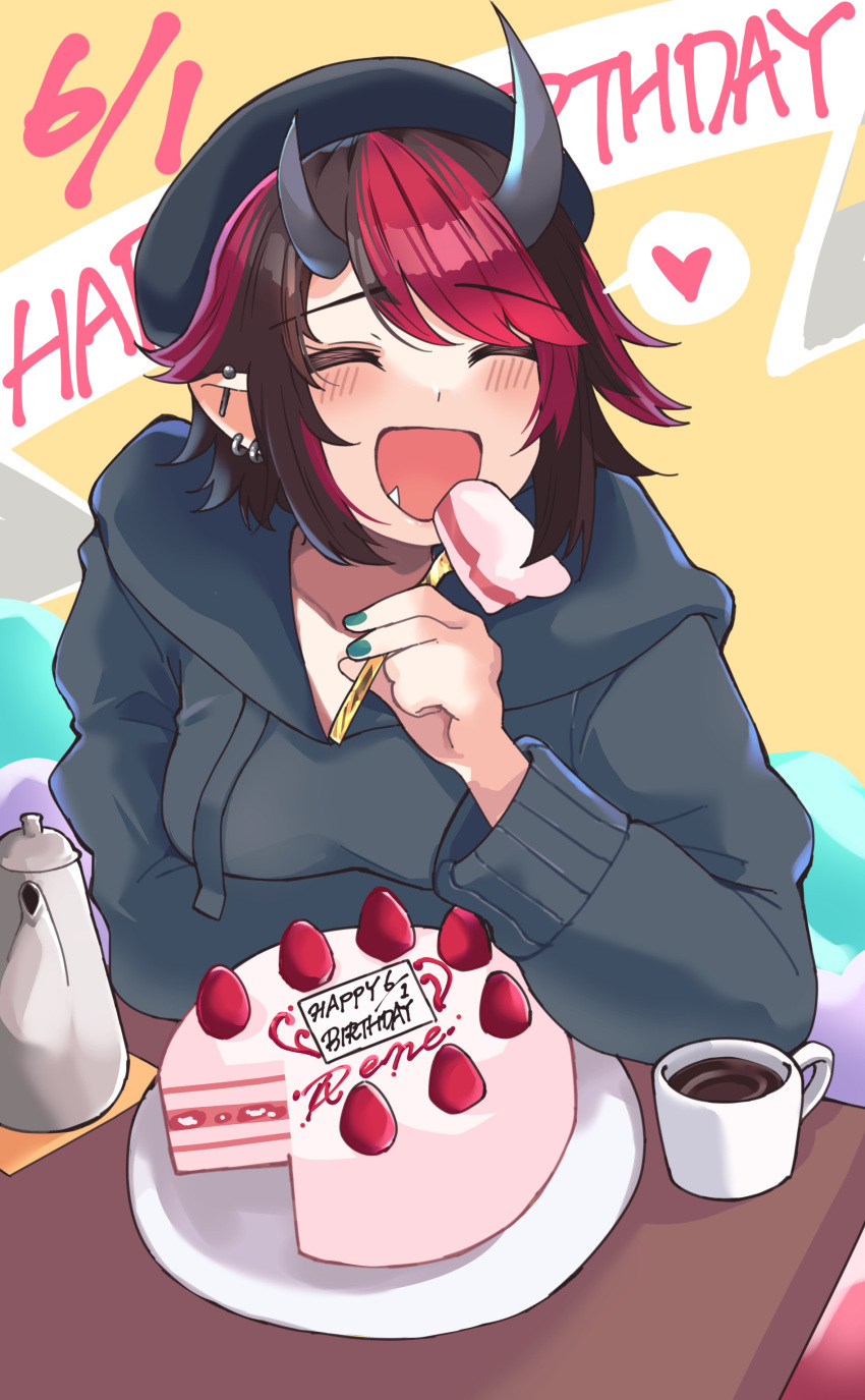 1girl :d absurdres beret black_hair black_headwear black_hoodie breasts cake closed_eyes coffee coffee_mug commentary_request cup dated demon_girl demon_horns earrings eating food fork fruit happy_birthday hat heart highres holding holding_fork hood hood_down hoodie horns jewelry large_breasts mug multicolored_hair multiple_earrings nanashi_inc. open_mouth pointy_ears red_hair ryugasaki_rene short_hair smile solo spoken_heart strawberry sugar_lyric table teapot two-tone_hair upper_body virtual_youtuber zono_(inokura_syuzo029)