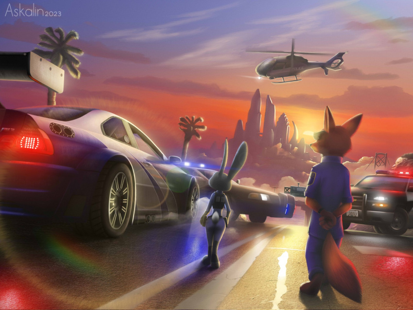 aircraft anthro askalin canid canine car city city_background disney duo electronic_arts female fox helicopter hi_res judy_hopps lagomorph leporid male male/female mammal need_for_speed nick_wilde police_car rabbit race_car raised_tail tail vehicle zootopia