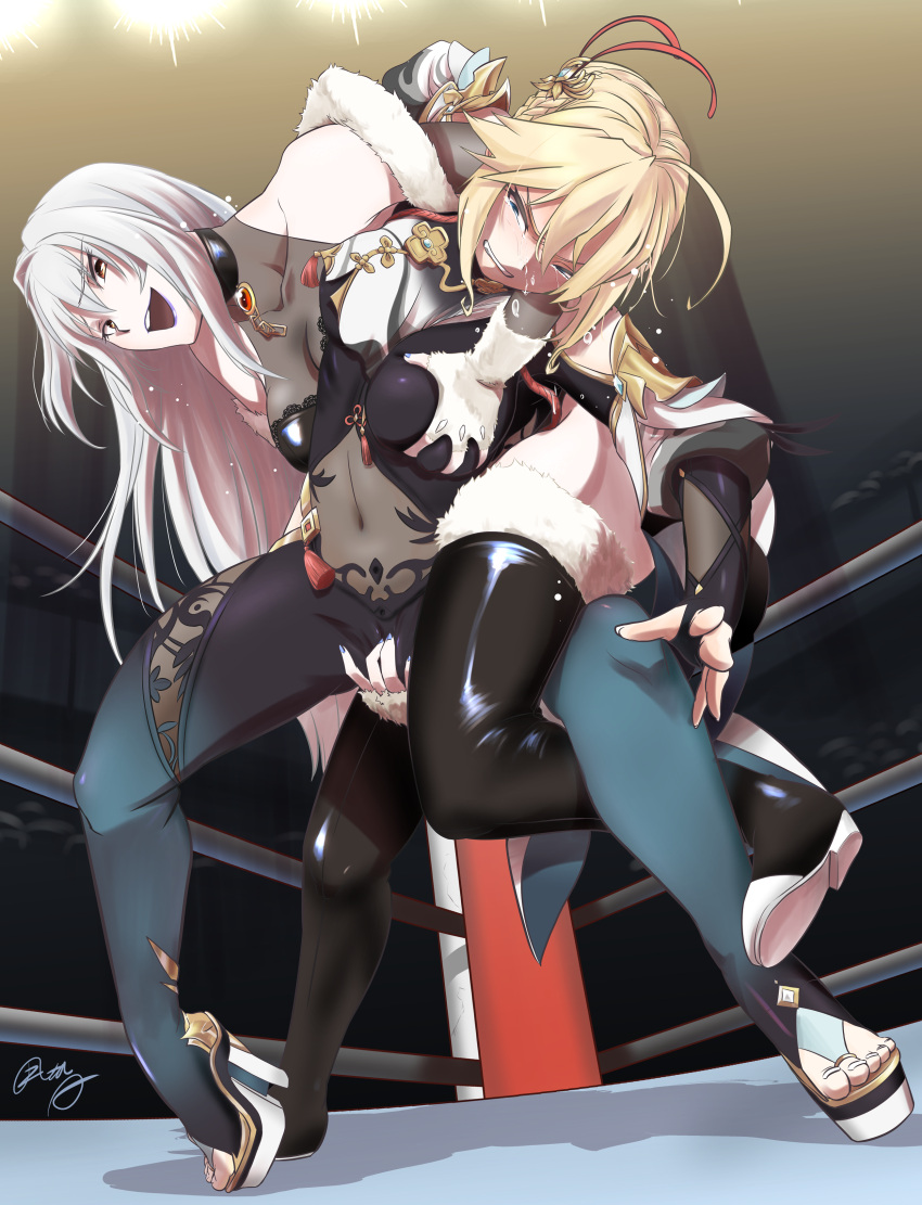2girls absurdres artoria_pendragon_(fate) blonde_hair blush boots breasts catfight fate_(series) freia_kagami green_eyes hanabusa_(xztr3448) highres multiple_girls saber smile thigh_boots wrestle_angels wrestling wrestling_ring