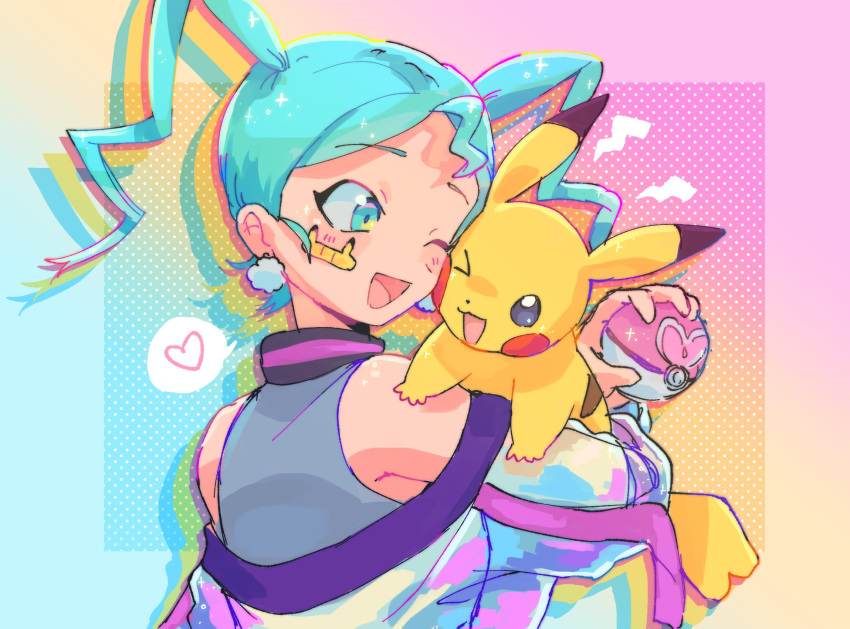 1girl armpit_peek blue_eyes blush drop_shadow earrings gradient_background grey_jacket grey_shirt hair_behind_ear hatsune_miku heart highres holding holding_poke_ball jacket jewelry kira_(marshukitty) looking_down off_shoulder one_eye_closed open_mouth parted_bangs pikachu poke_ball pom_pom_(clothes) pom_pom_earrings project_voltage shirt smile solo speech_bubble spoken_heart vocaloid