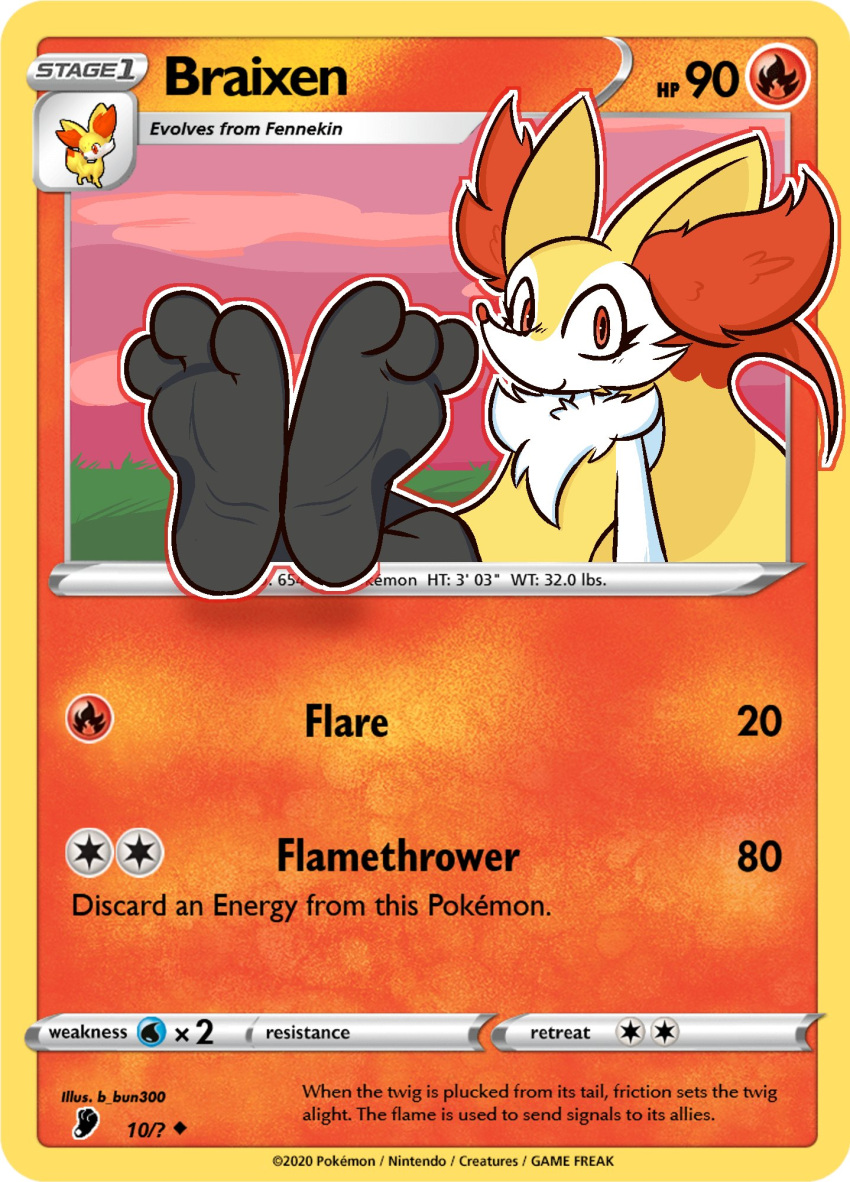 3_toes ambiguous_gender anthro b_bun300 barefoot braixen canid canine feet foot_fetish foot_focus fur generation_6_pokemon hi_res inner_ear_fluff mammal nintendo plantigrade pokemon pokemon_(species) pokemon_card soles solo tail tcg_card text toe_curl toes trading_card trading_card_game tuft yellow_body yellow_fur