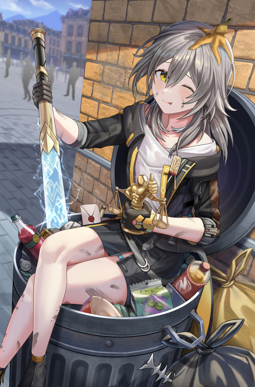 1girl ;p banana_peel black_footwear black_gloves black_jacket blush bottle crossed_legs fish_bone foot_out_of_frame gloves grey_hair highres holding holding_weapon honkai:_star_rail honkai_(series) jacket long_sleeves looking_at_viewer medium_hair one_eye_closed outdoors shirt silvertsuki sitting smile solo_focus stelle_(honkai:_star_rail) thighs tongue tongue_out trailblazer_(honkai:_star_rail) trash trash_bag trash_can weapon white_shirt yellow_eyes