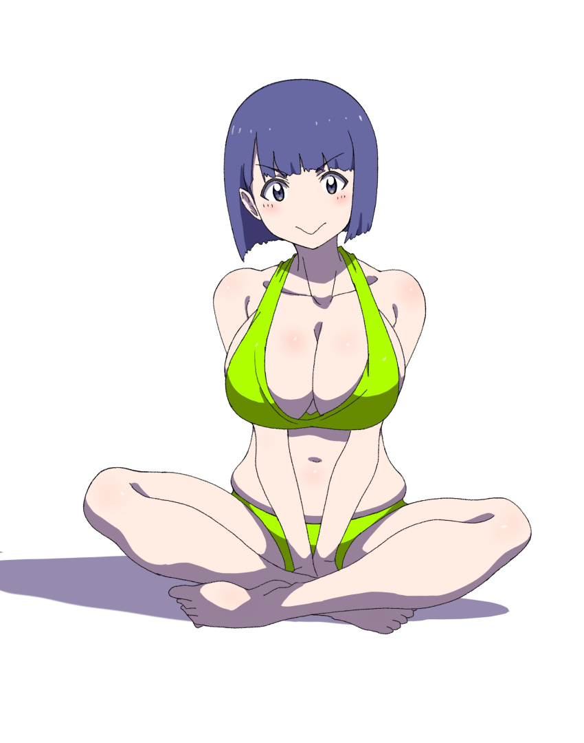 1girl :&gt; absurdres bare_arms bare_legs bare_shoulders barefoot between_legs bikini bob_cut breasts cleavage closed_mouth collarbone green_bikini hand_between_legs highres indian_style large_breasts looking_at_viewer muffin_top navel original powerhamuhamu purple_eyes purple_hair short_hair simple_background sitting smile solo swimsuit v-shaped_eyebrows v_arms white_background