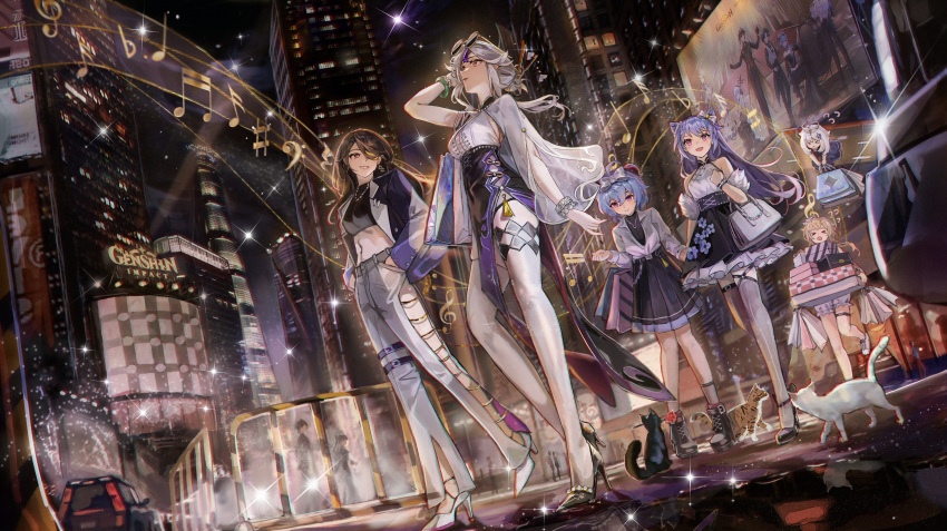 6+girls absurdres ahoge albedo_(genshin_impact) alternate_costume bag beidou_(genshin_impact) black_cat black_footwear blonde_hair blue_hair box bracelet breasts brown_hair building car casual cat city cityscape cleavage colored_eyepatch cone_hair_bun copyright_name crop_top diona_(genshin_impact) double_bun dress earrings eula_(genshin_impact) eyepatch eyewear_on_head floating from_below ganyu_(genshin_impact) genshin_impact goat_horns hair_bun hair_ears hair_ornament hair_over_one_eye hair_stick halo handbag hands_in_pockets high_heels highres holding holding_bag horns instrument jewelry keqing_(genshin_impact) large_breasts looking_up lumine_(genshin_impact) mechanical_halo motor_vehicle multiple_girls music navel necklace night ningguang_(genshin_impact) open_mouth out_of_frame outdoors paimon_(genshin_impact) pants playing_instrument purple_eyes purple_hair railing shopping shopping_bag short_hair_with_long_locks skirt skyscraper tabby_cat tartaglia_(genshin_impact) thigh_strap thighhighs walking white_cat white_footwear white_hair xiao_(genshin_impact) xude zhongli_(genshin_impact)