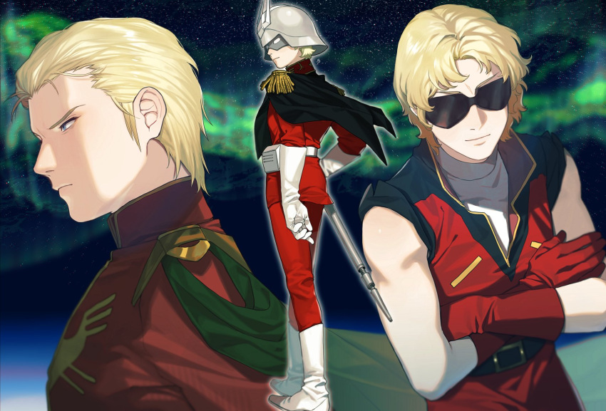 1boy age_progression aurora belt belt_pouch black_belt black_capelet blonde_hair blue_eyes boots capelet char's_counterattack char_aznable closed_mouth commentary_request crossed_arms epaulettes facing_viewer gloves gundam hand_on_own_hip helmet highres jacket light_smile long_sleeves male_focus mask military_uniform mobile_suit_gundam multiple_persona multiple_views pants pouch profile quattro_bajeena red_gloves red_jacket red_pants shirt short_hair sleeveless sleeveless_jacket standing star_(sky) sunglasses turtleneck uniform upper_body ususio_11 v-shaped_eyebrows white_belt white_footwear white_gloves white_shirt zeon zeta_gundam