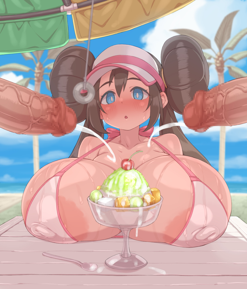 1girl 2boys areola_slip bare_shoulders beach beach_umbrella bikini blank_eyes blue_eyes blue_sky blurry blurry_background blush breast_rest breasts breasts_on_table brown_hair censored cloud collarbone covered_nipples cum cum_on_food day double_bun ejaculation food gigantic_breasts hair_bun highres hypnosis long_hair mind_control multiple_boys ocean open_mouth palm_tree parfait penis pokemon rosa_(pokemon) shaved_ice sky sweat swimsuit table tenako_(mugu77) tree twintails umbrella upper_body visor_cap white_bikini wooden_table