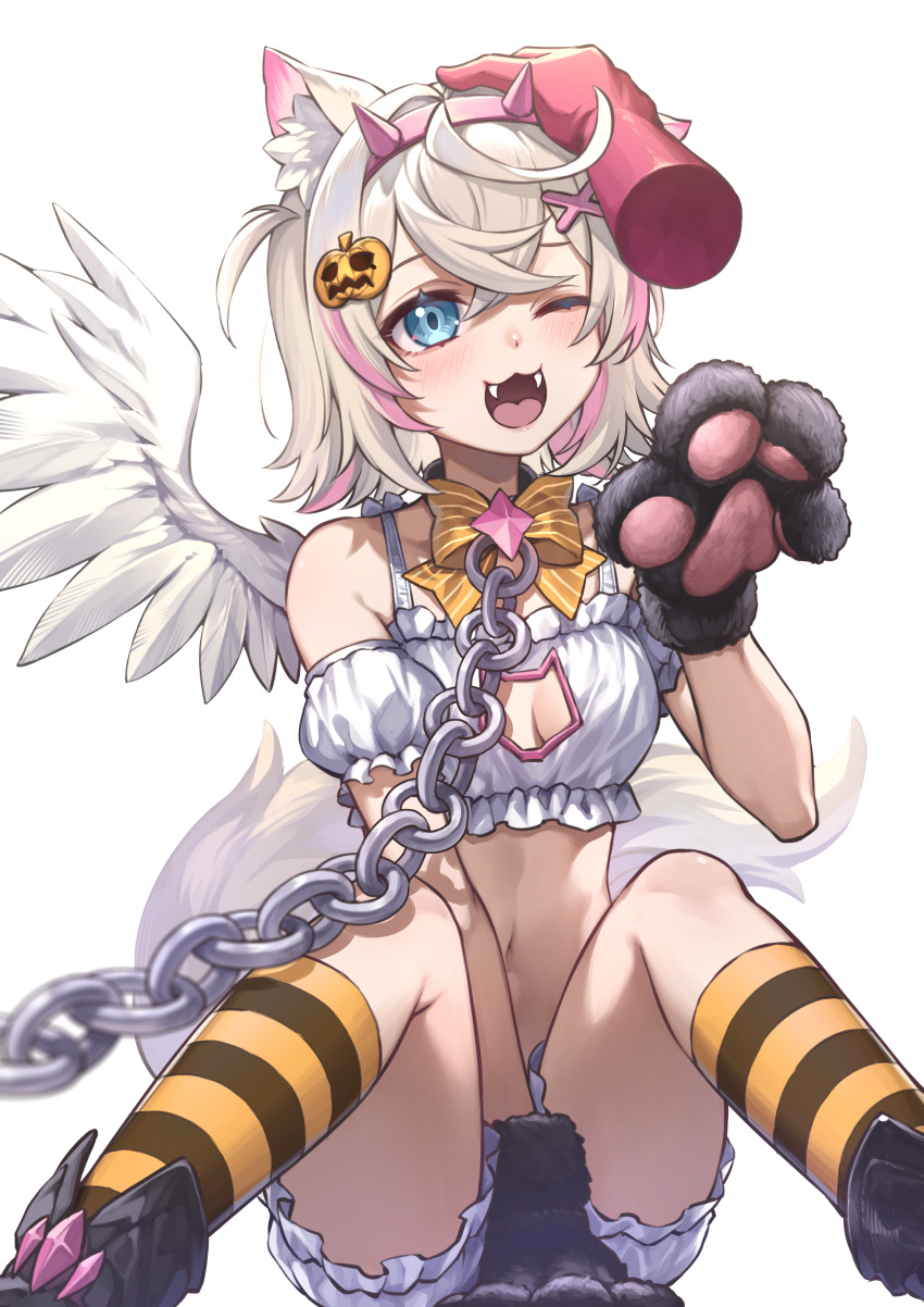 1girl :3 :d absurdres angel angel_wings animal_ear_fluff animal_ears animal_hands blue_eyes blush breasts cleavage cleavage_cutout clothing_cutout curry_bowl dog_ears dog_girl dog_paws dog_tail fangs frilled_shorts frills hair_ornament headpat highres hololive hololive_english looking_at_viewer medium_hair mococo_abyssgard multicolored_hair navel open_mouth pink_hair short_shorts shorts small_breasts smile socks solo streaked_hair striped striped_socks tail virtual_youtuber white_background white_shorts wings x_hair_ornament