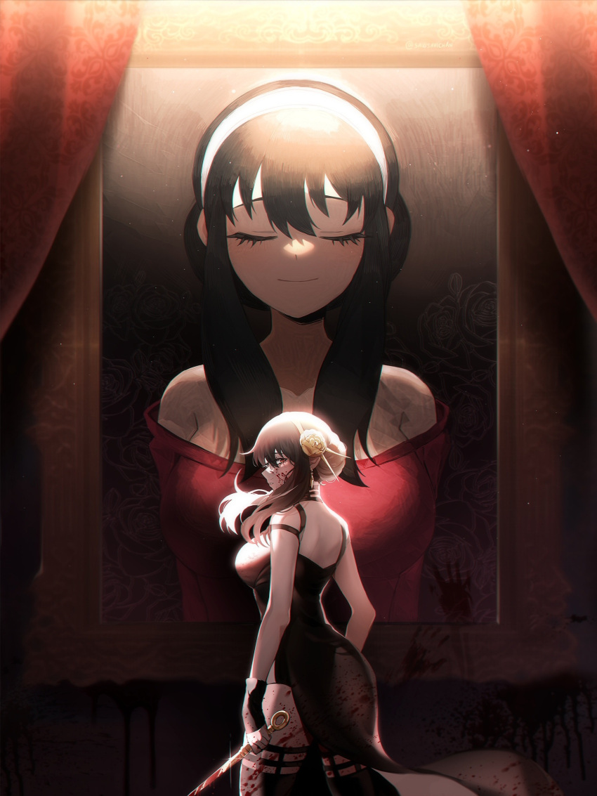 1girl bare_shoulders black_dress black_hair black_thighhighs blood blood_on_clothes blood_on_face breasts commentary curtains dagger dress earrings english_commentary flower from_side gold_earrings gold_hairband hairband highres holding holding_dagger holding_knife holding_weapon jewelry knife large_breasts off-shoulder_shirt off_shoulder portrait_(object) profile red_eyes rose savi_(byakushimc) shiny_weapon shirt solo sparkle spotlight spy_x_family stiletto_(weapon) thighhighs weapon yor_briar