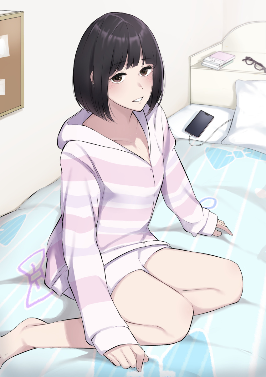 1girl absurdres barefoot black_hair blush brown_eyes cellphone chagataaa glasses grin highres hood hooded_jacket jacket looking_at_viewer on_bed original phone pillow short_hair shorts sitting smartphone smile solo unworn_eyewear yokozuwari