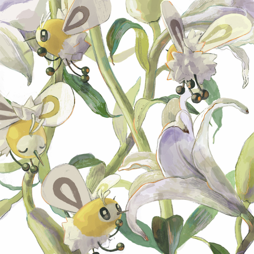 closed_eyes commentary cutiefly english_commentary flower highres leaf no_humans pokemon pokemon_(creature) sakusakufugashi white_background white_flower