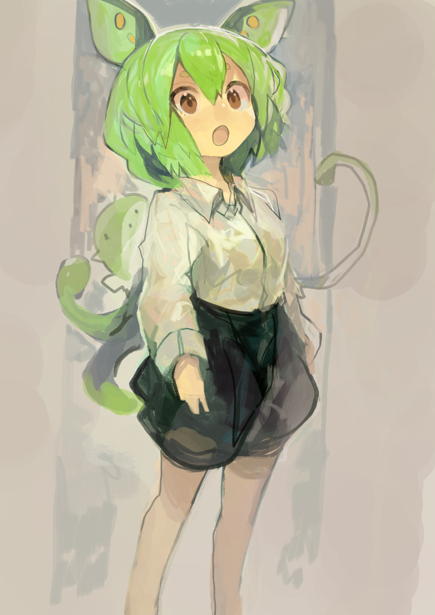 1girl absurdres black_skirt dress_shirt feet_out_of_frame green_hair grey_background hair_between_eyes highres kaamin_(mariarose753) long_sleeves looking_at_viewer medium_hair open_mouth personification shirt short_eyebrows skirt solo standing voicevox white_shirt yellow_eyes zundamon